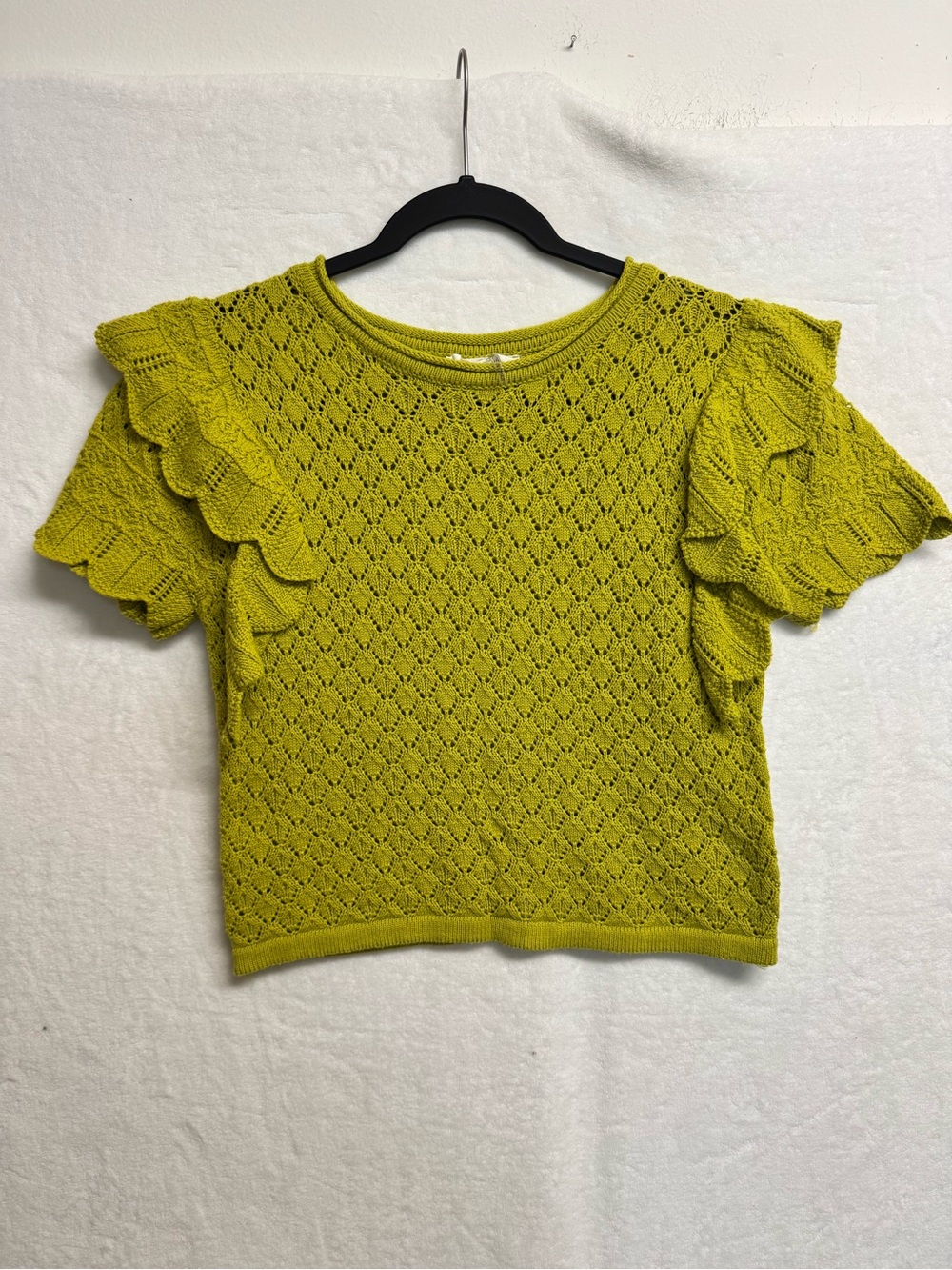 Entro Lime Green Cable Knit Sweater Top Ruffle Sleeves Women's Small Cottagecore